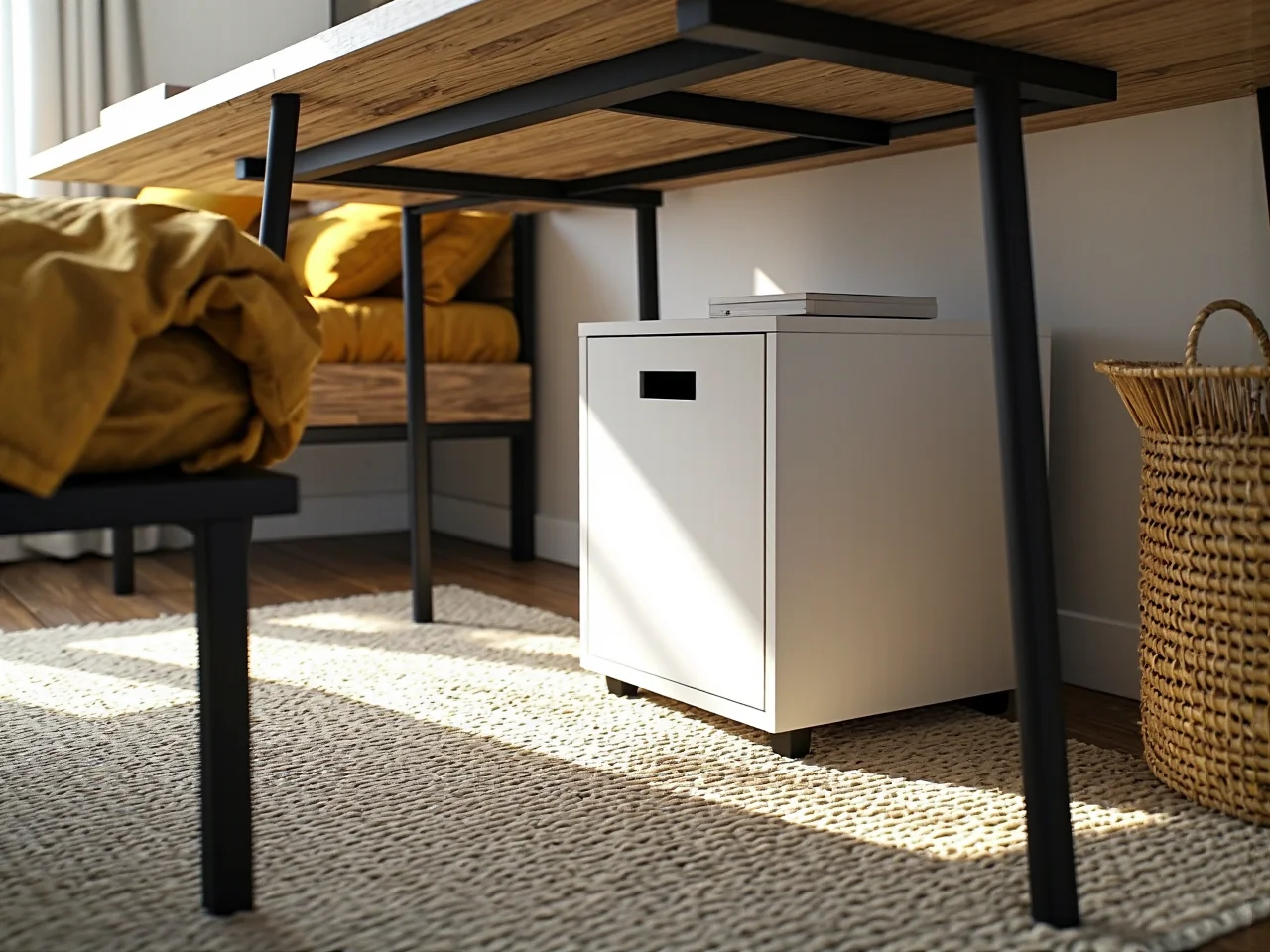 Nowoczesna aranżacja home office w bloku, sprytne sposoby na przechowywanie dokumentów.