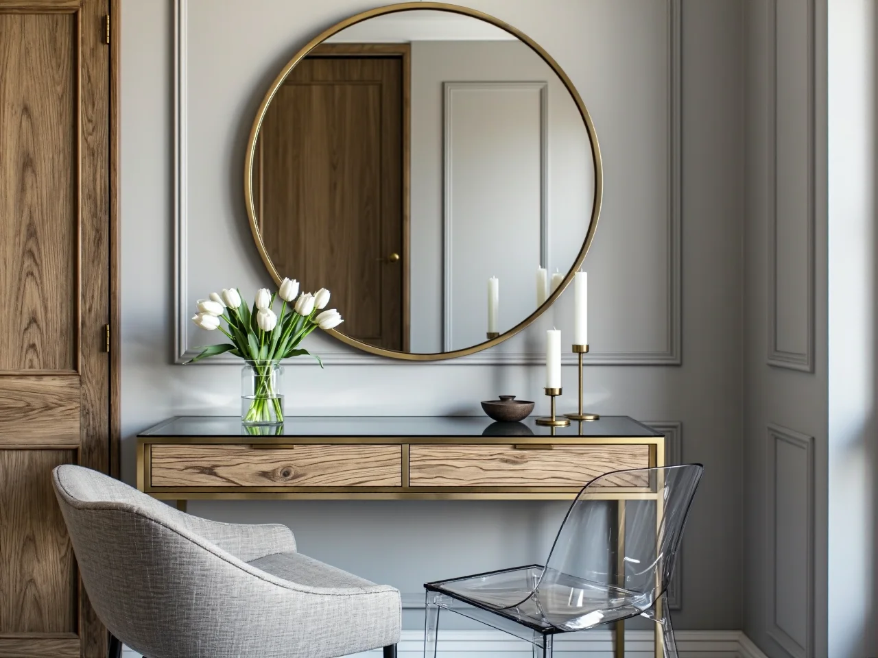 Jadalnia połączona z salonem w małym mieszkaniu. Spójna aranżacja strefy jadalnianej i wypoczynkowej.