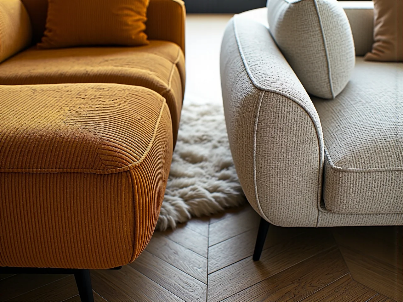 Aranżacja salonu z sofą i fotelem jako alternatywa dla narożnika.