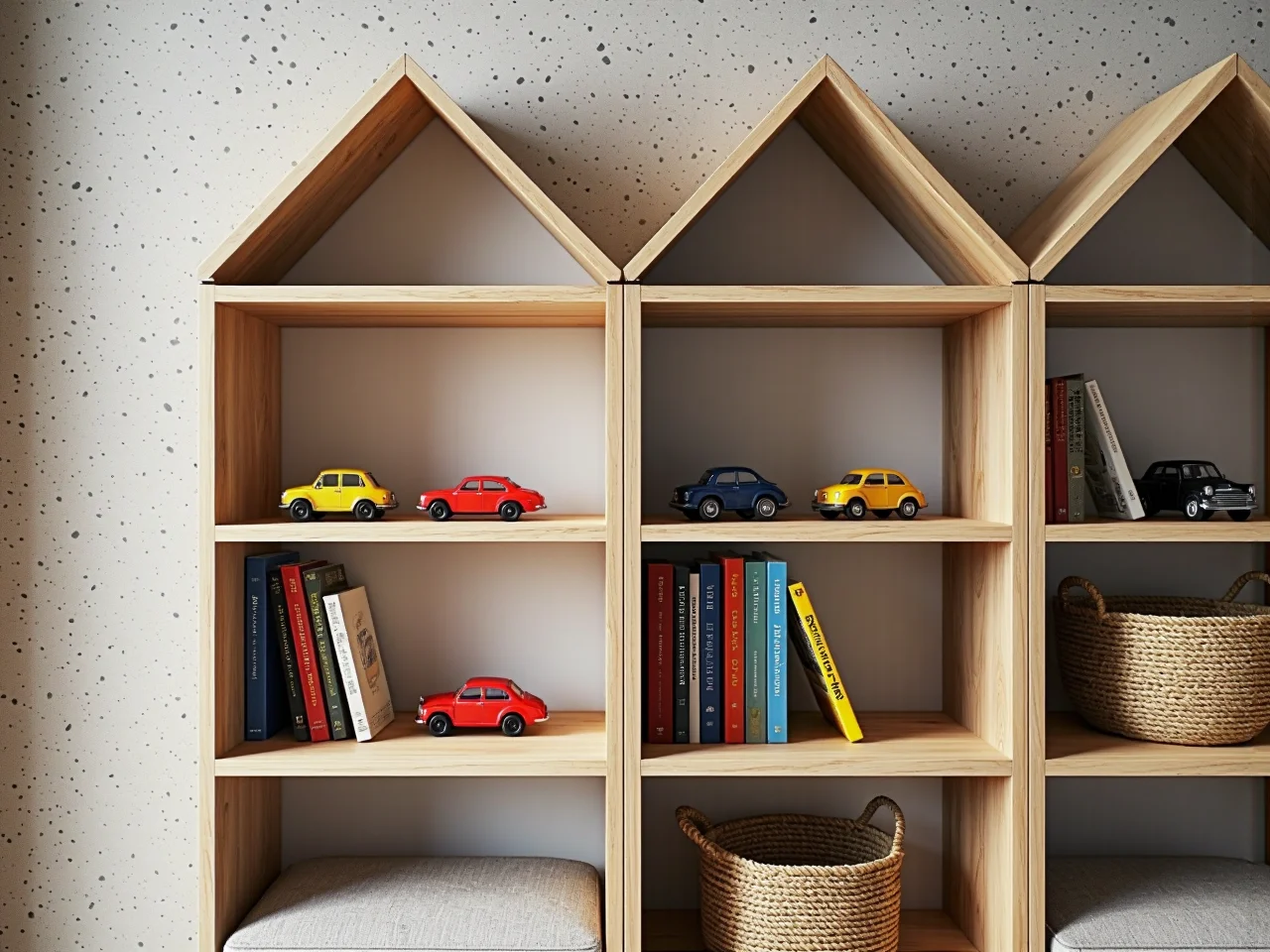 Designerski regał modułowy do pokoju dziecięcego pełen książek.