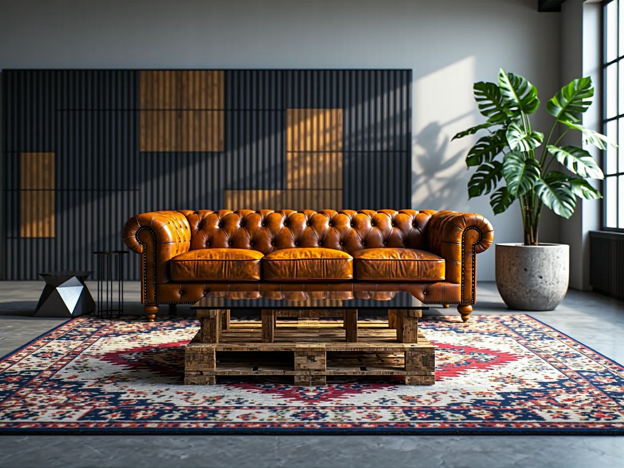 Drewniany blat i stalowy stelaż biurka na tle surowego betonu.