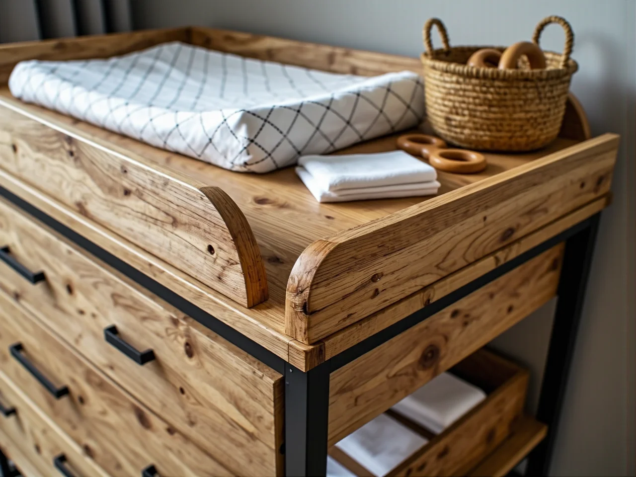 Rodzic sprawdzający certyfikaty bezpieczeństwa na etykiecie mebli dla dzieci