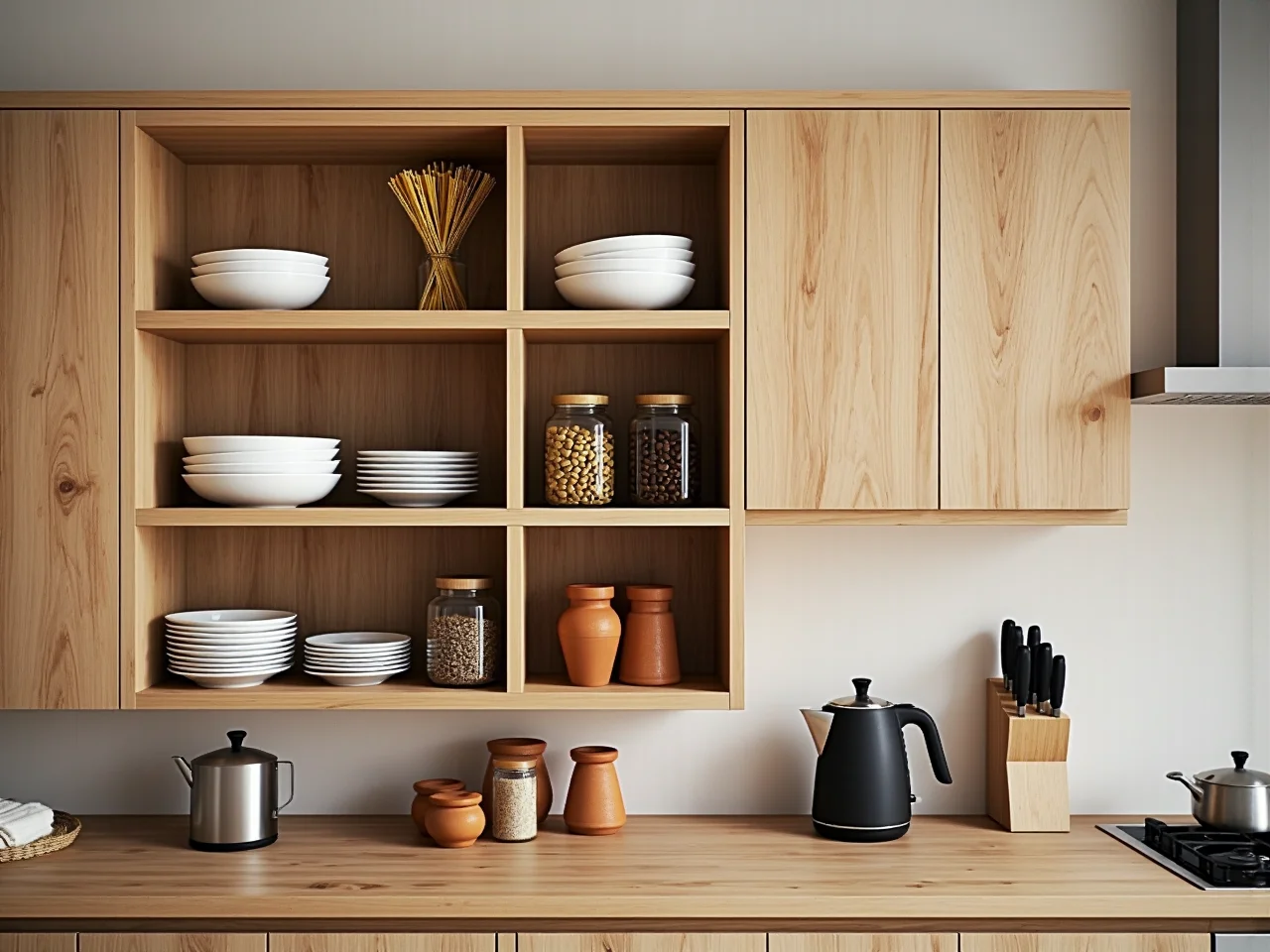 Klasyczna zabudowa kuchenna w odcieniu ciemnego drewna z mosiężnymi uchwytami.