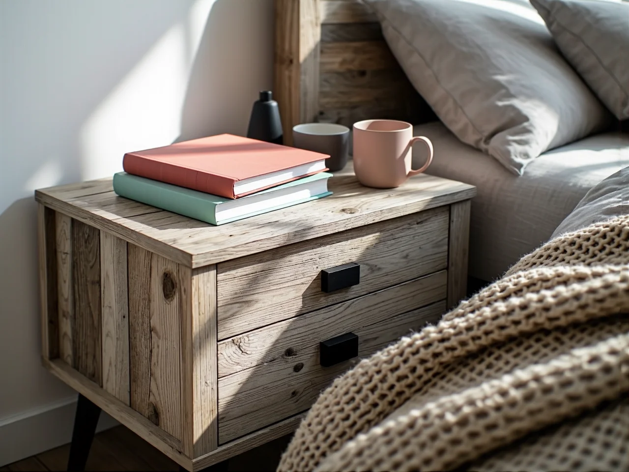 Ciemne łóżko z drewna dębowego sprzyjające głębokiemu relaksowi