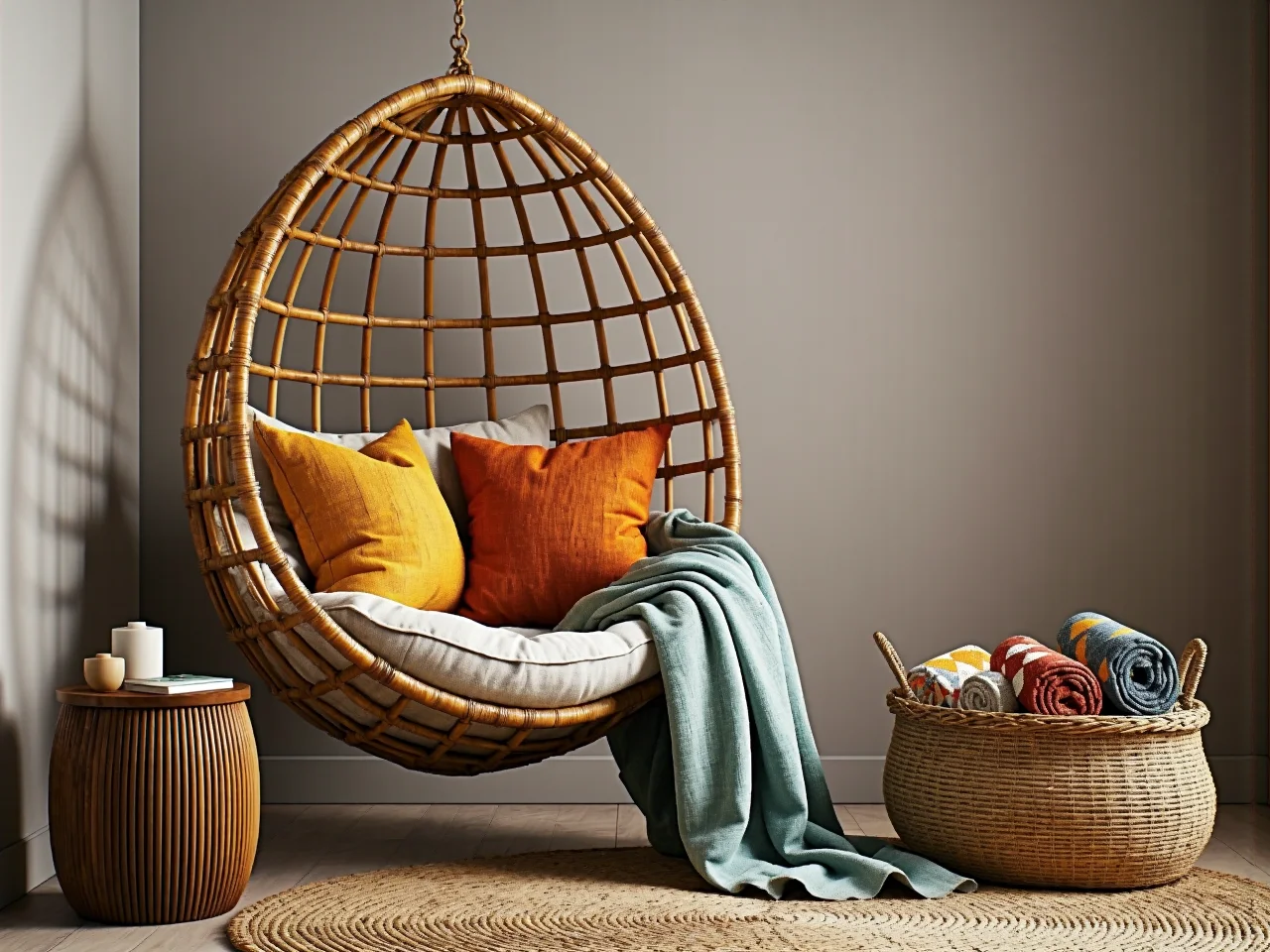 Ciepłe kolory ziemi i dodatki boho w sypialni inspirowanej letnimi trendami wnętrzarskimi.