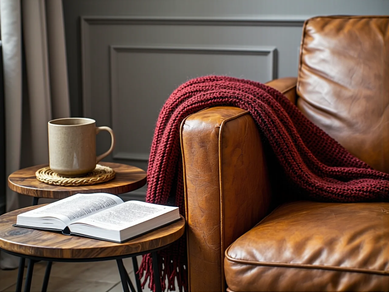 Ciepłe oświetlenie wnętrza na zimę, zapalone świece i lampki dekoracyjne.
