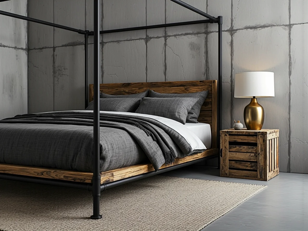 Czarna skórzana sofa i metalowe regały w otwartej przestrzeni loftowego mieszkania.