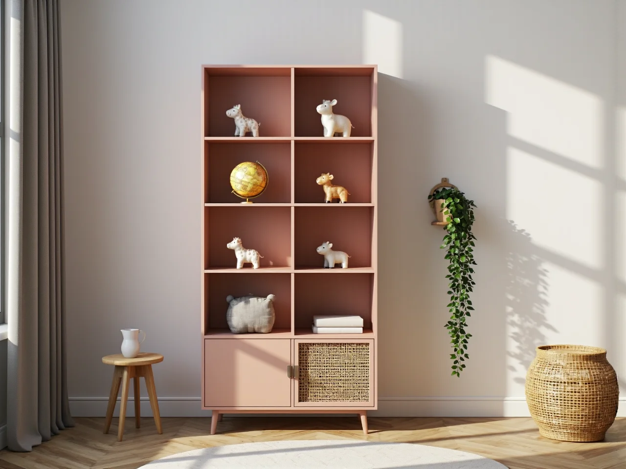 Bezpieczny regał dla dziecka przymocowany do ściany obok łóżka.