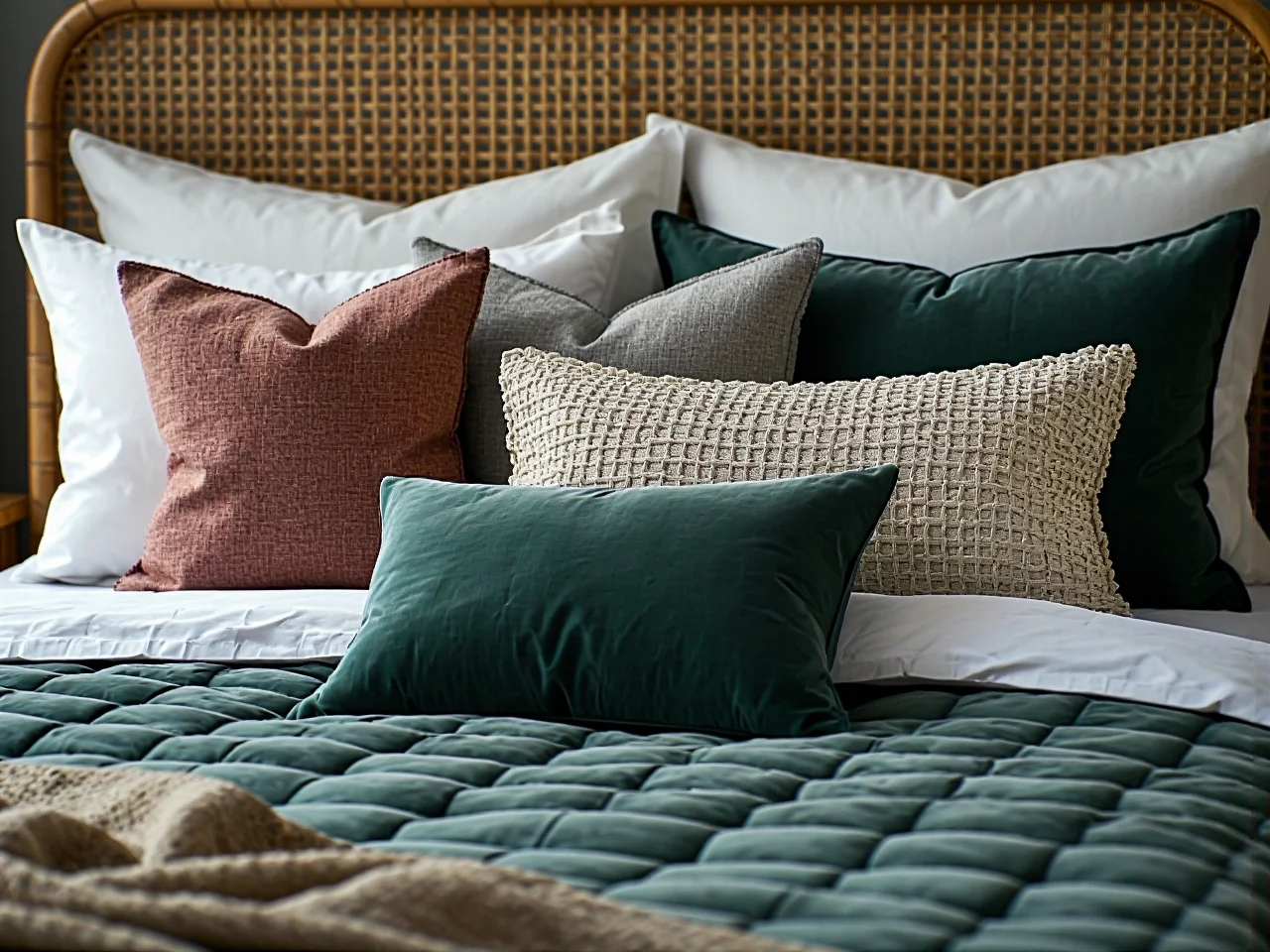 Stylowe dodatki do sypialni: wełniany koc, rośliny doniczkowe i puszysty dywan przy łóżku.