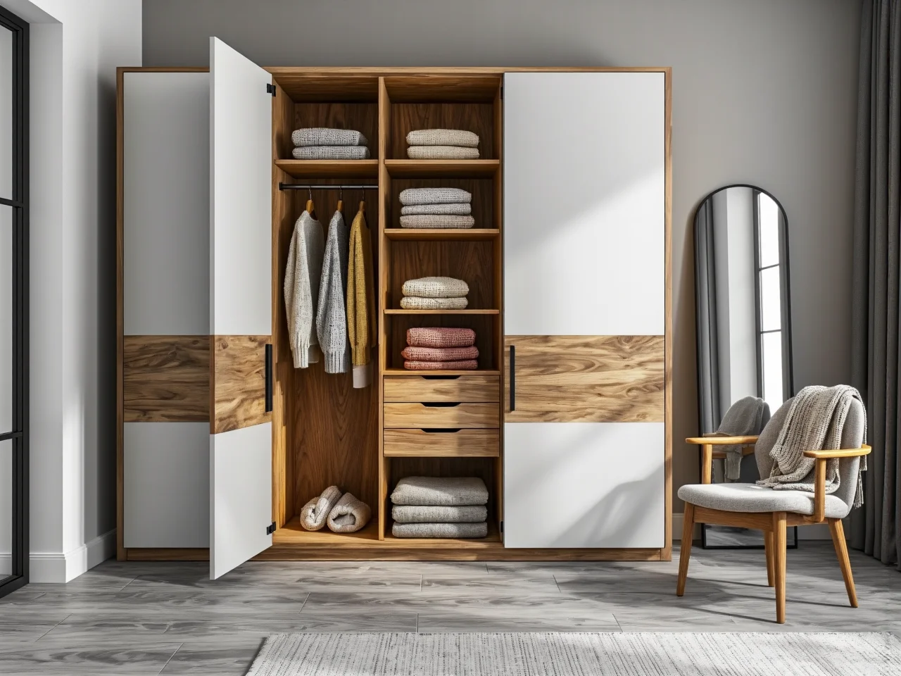 Drewniana szafa w stylu skandynawskim dopasowana do potrzeb małej sypialni i wystroju.