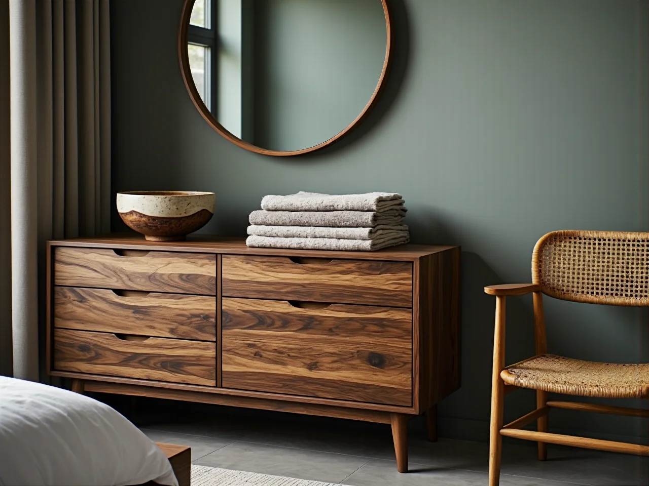 Minimalistyczna szafka nocna z drewna w jasnej sypialni japandi pełnej spokoju.