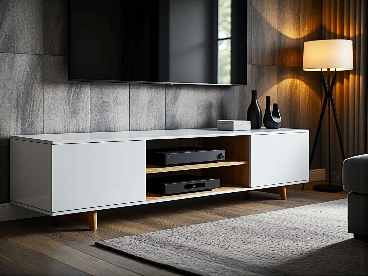 Drewniana szafka RTV w stylu loftowym z czarnymi detalami, łącząca funkcjonalność i design.