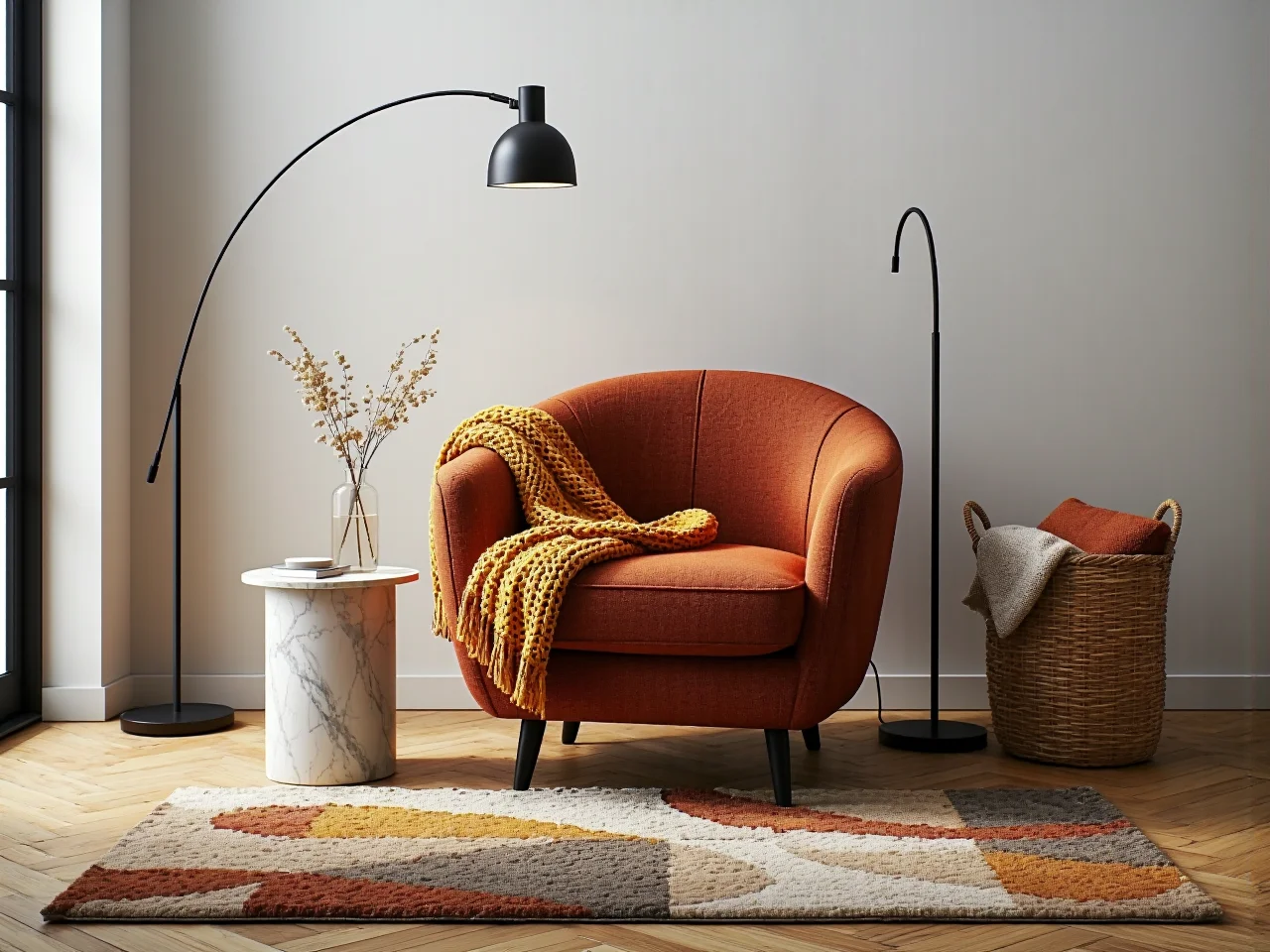 Drewniany stolik kawowy i szafka RTV w stylu industrialnym w modnym salonie.