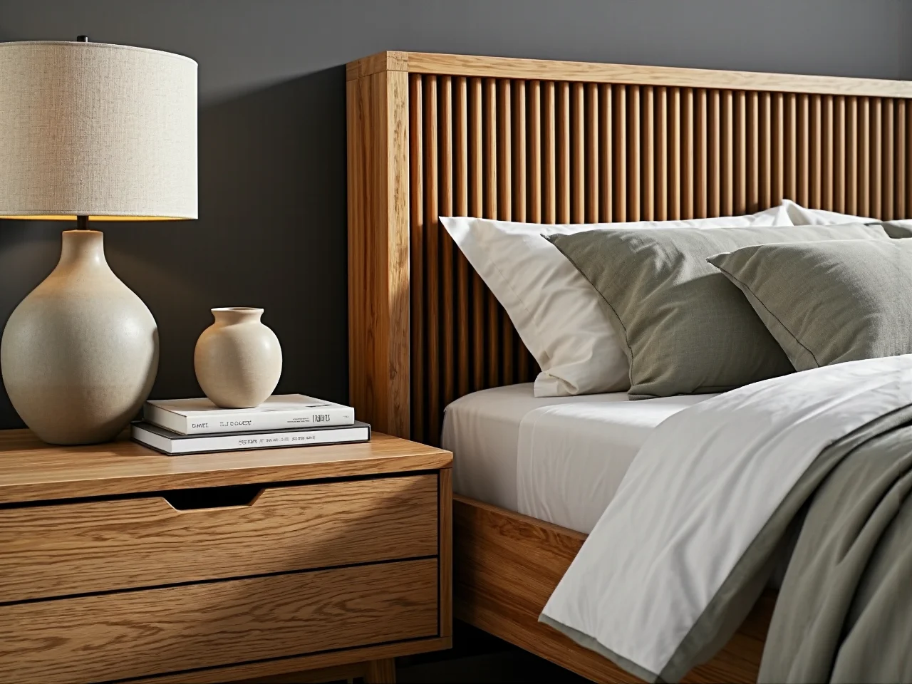Stylowe drewniane lamele na ścianie w nowoczesnej sypialni.