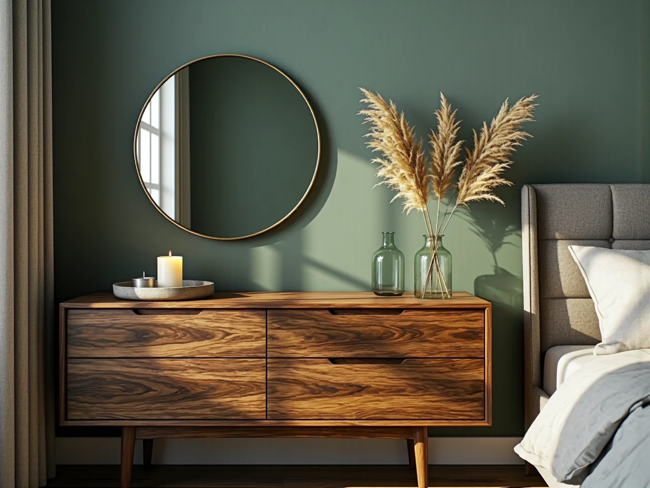 Monochromatyczna aranżacja z beżowymi ścianami i drewnianymi meblami