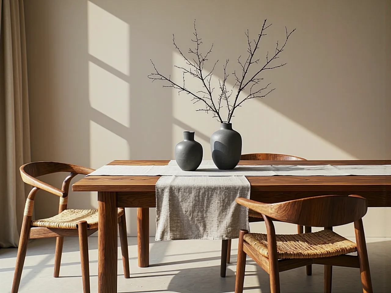 Drewniane meble i naturalne materiały tworzące przytulne wnętrze w modnym stylu Japandi.