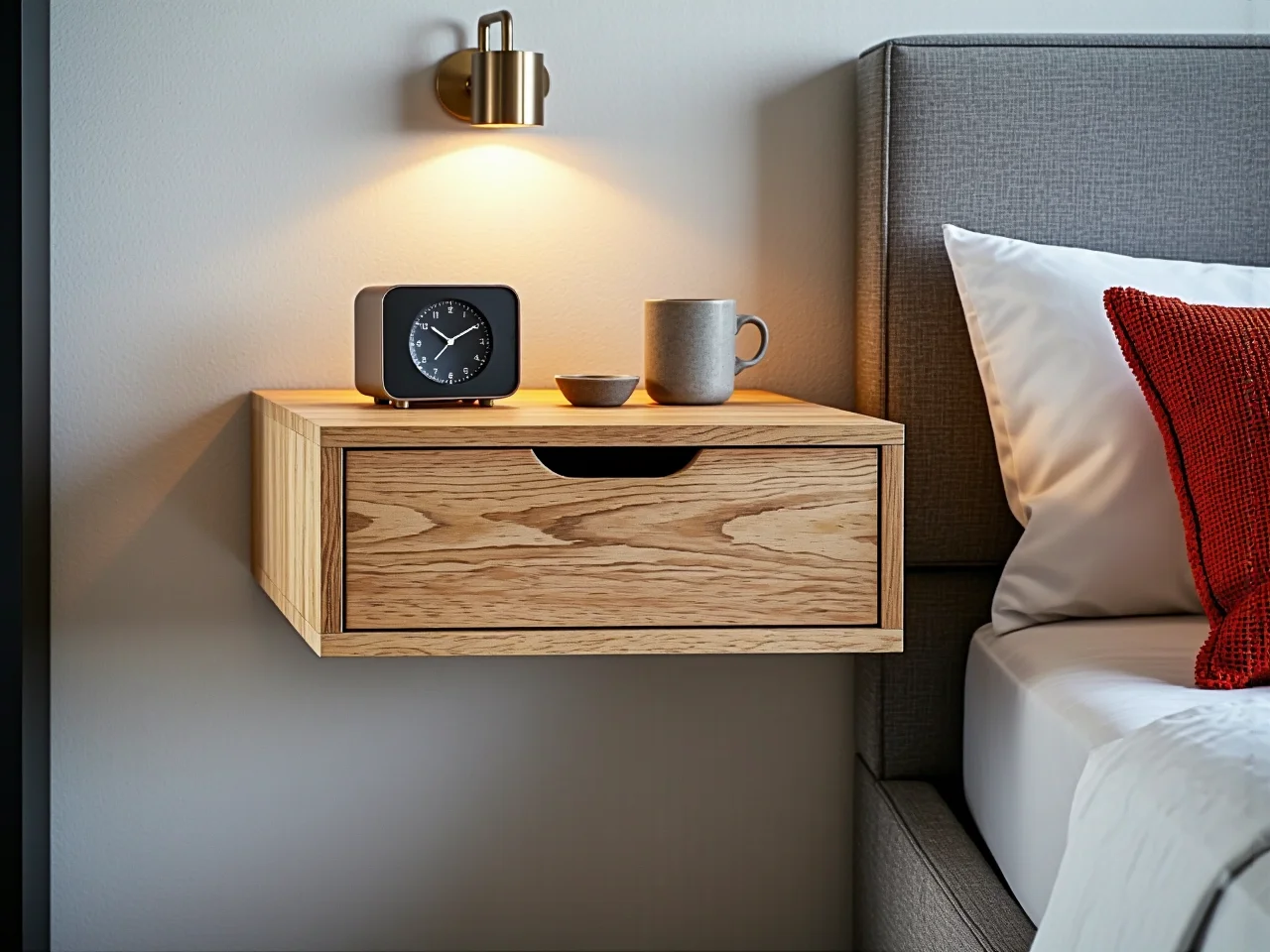 Drewniany stolik nocny w klasycznej sypialni dopasowany do stylu wnętrza.