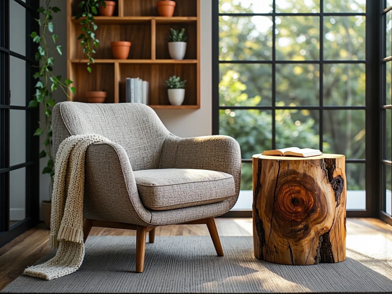 Duży drewniany stół w jasnej jadalni inspirowanej naturą.