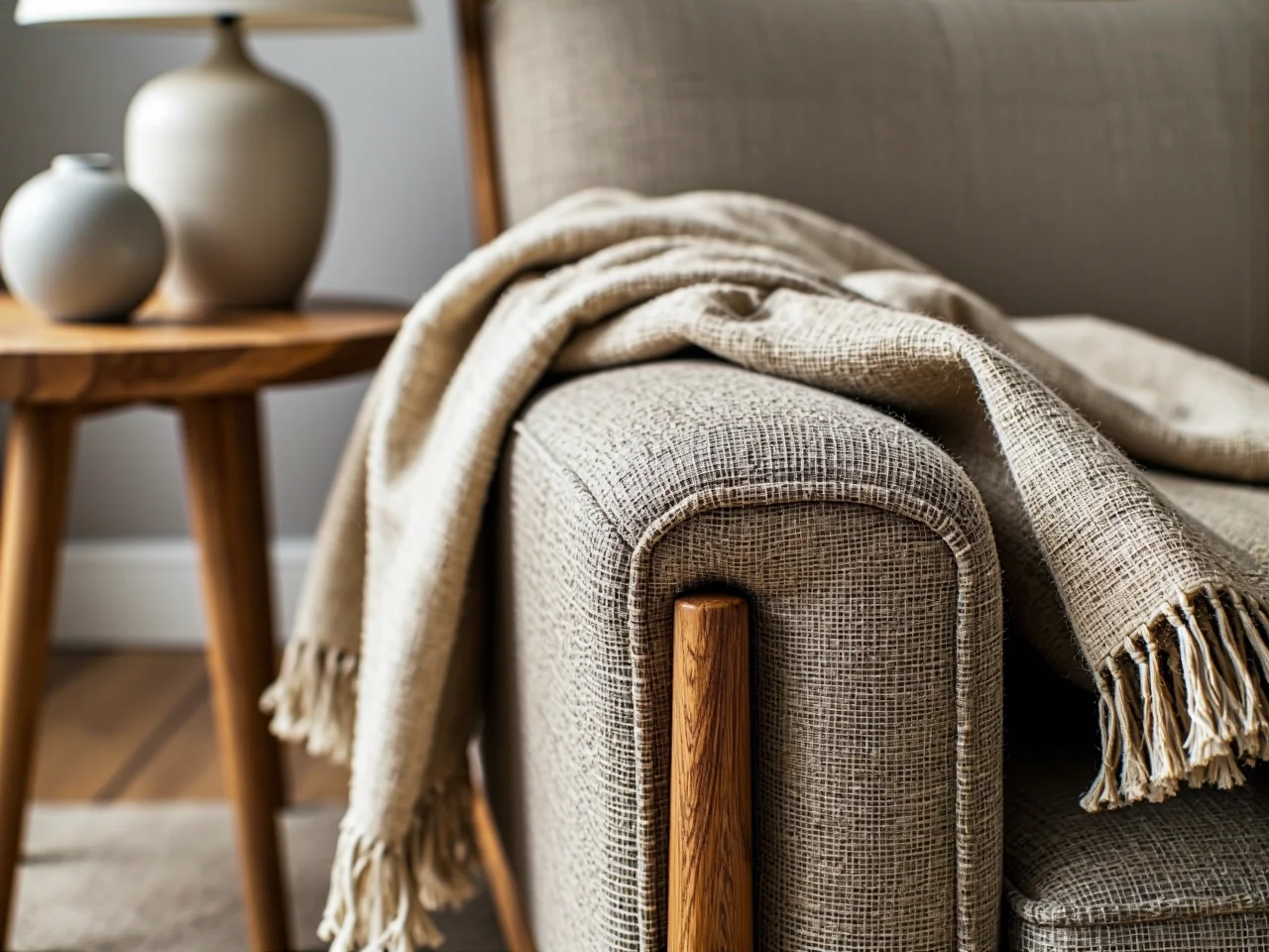 Ekologiczne tkaniny obiciowe z naturalnych włókien w odcieniach ziemi.
