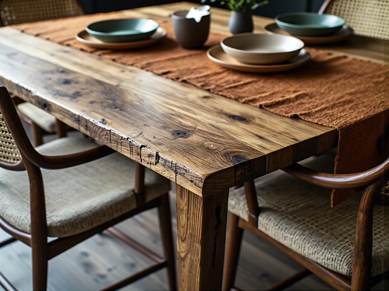 Ekologiczne meble z naturalnego drewna i materiałów z recyklingu w jasnym wnętrzu.