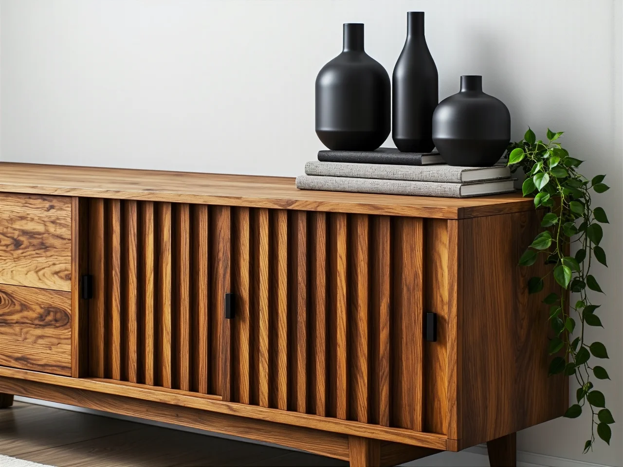 Elegancka ściana z drewnianych lameli w jasnym wnętrzu salonu