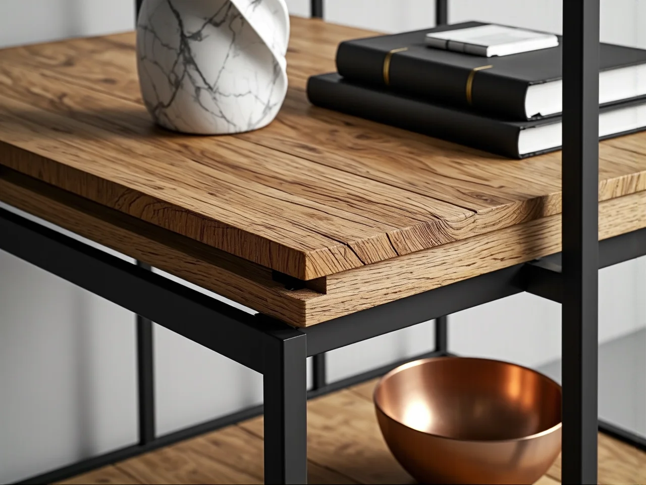 Elegancki drewniany regał w domowym biurze pełnym światła.
