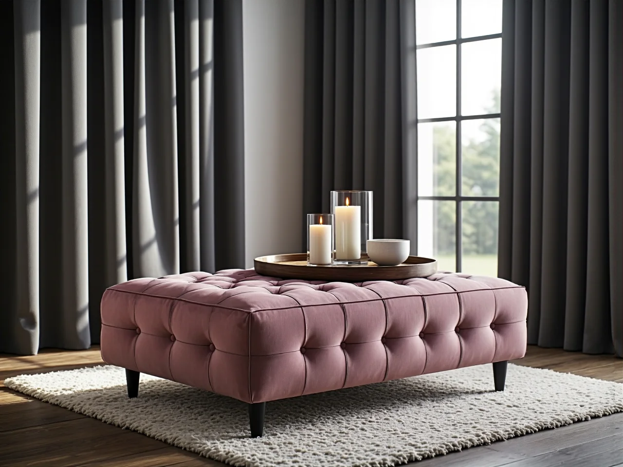 Eleganckie detale i ciężkie zasłony tworzące przytulny, luksusowy klimat w nowoczesnej sypialni.