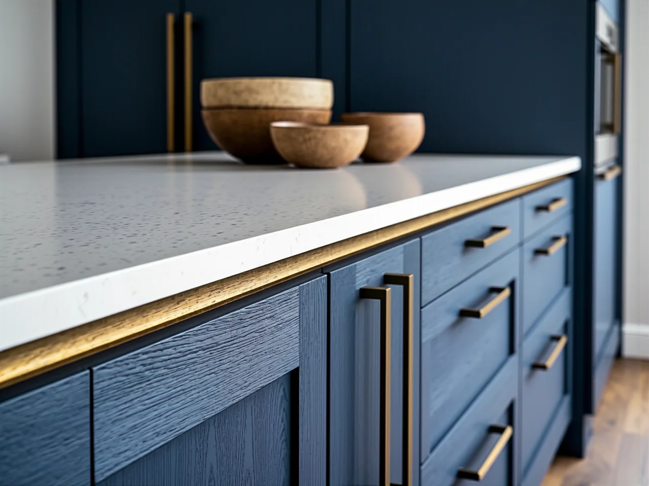 Eleganckie matowe fronty szafek kuchennych w ciemnym kolorze, odporne na odciski palców.
