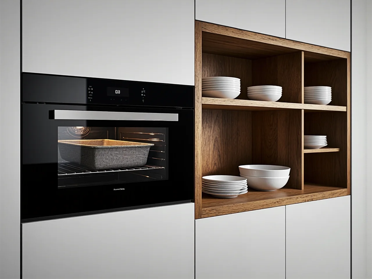 Ergonomiczny układ szafek i stref roboczych w funkcjonalnej kuchni.