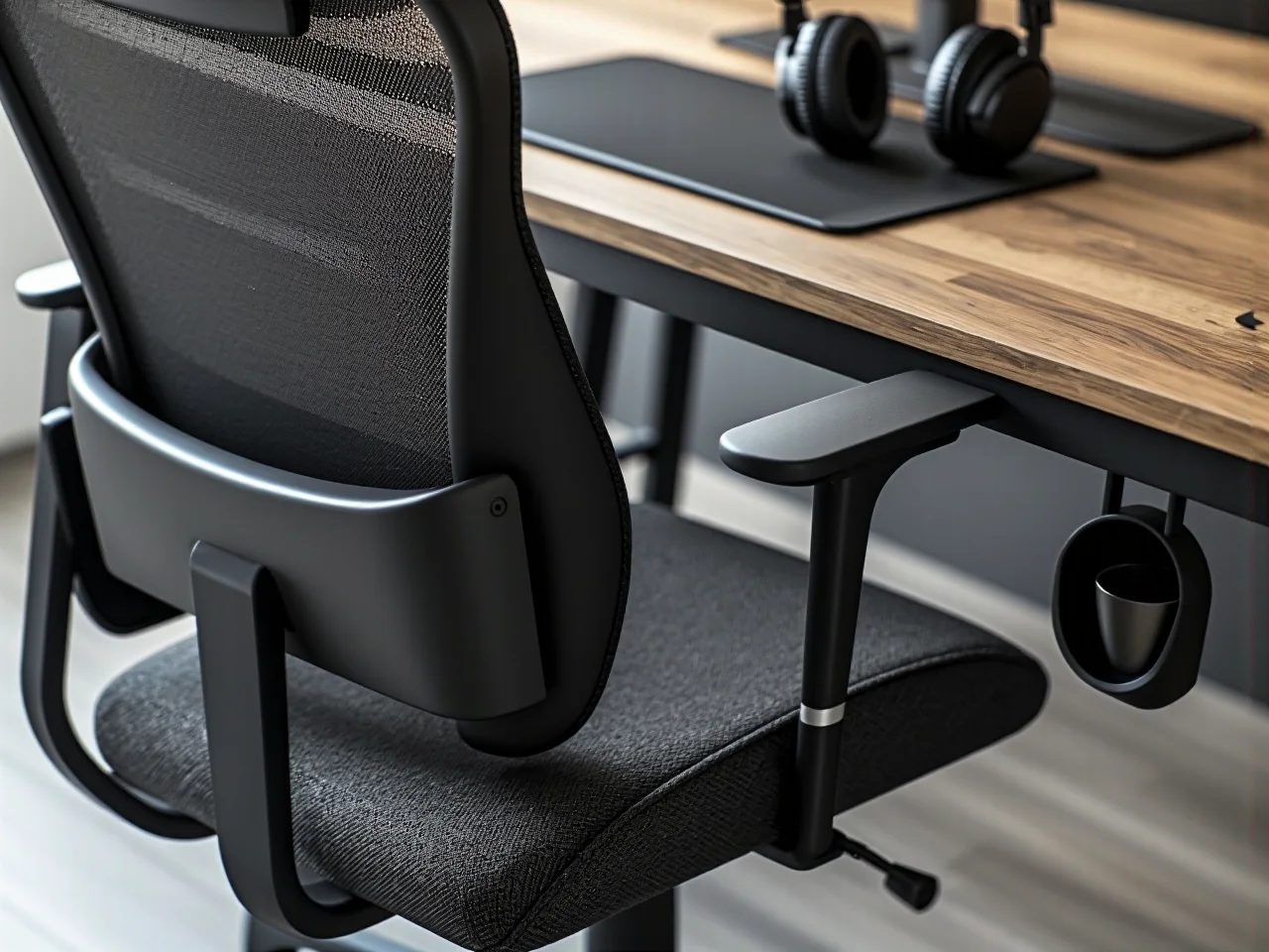 Szerokie biurko gamingowe dla gracza z miejscem na dwa monitory i organizerem kabli.