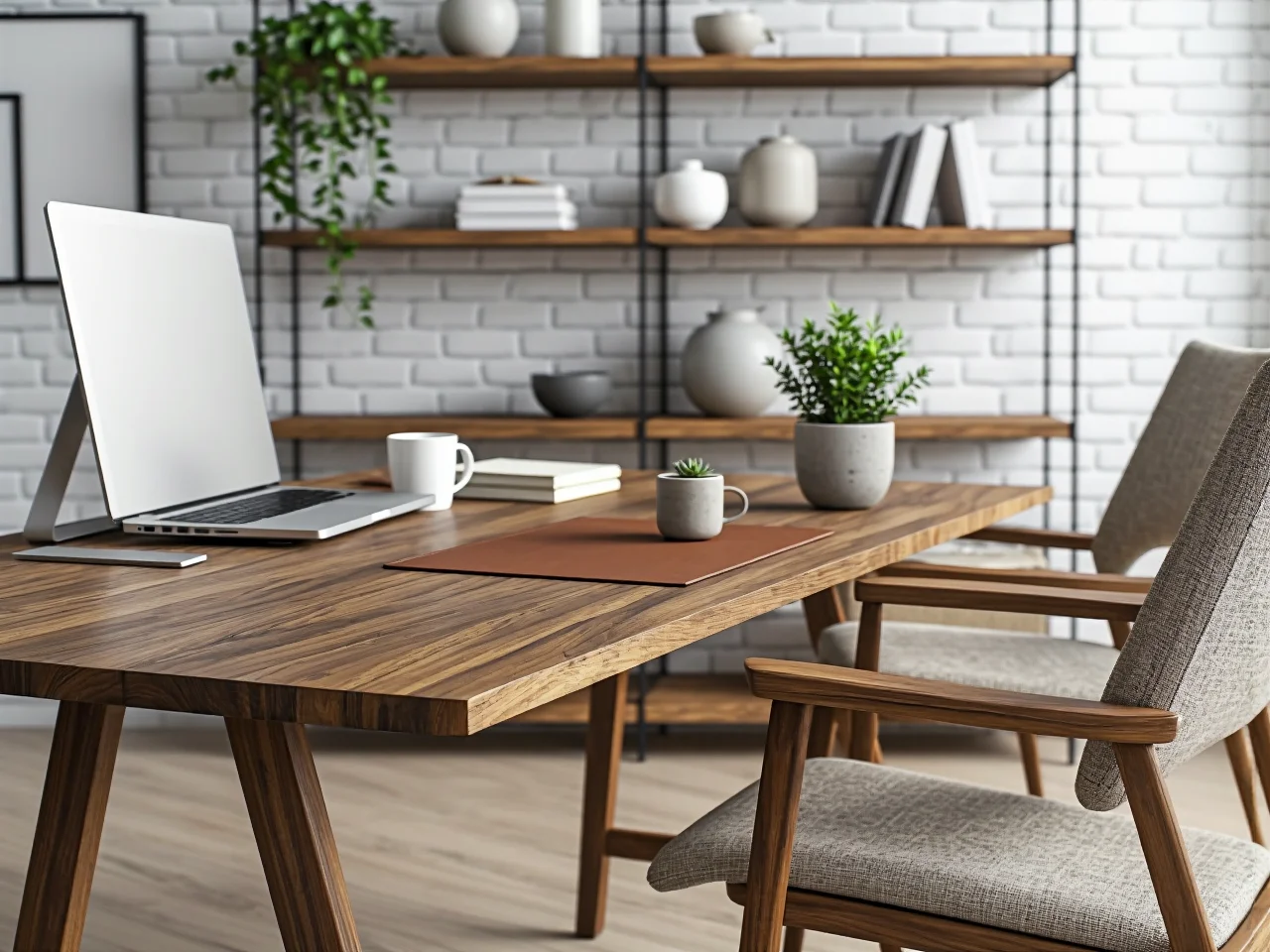 Ergonomiczne biurko proste z monitorem i fotelem obrotowym w pokoju