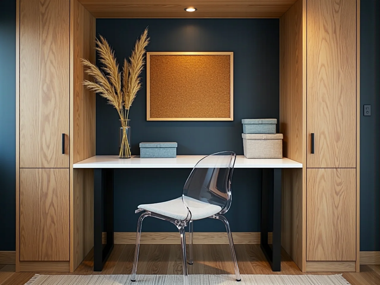 Ergonomiczne stanowisko pracy w domowym biurze z dużą ilością półek.