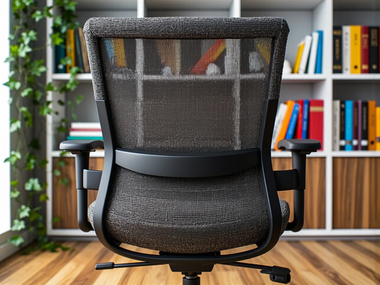 Regulowana podpórka lędźwiowa w fotelu biurowym wspierająca dolny odcinek pleców.