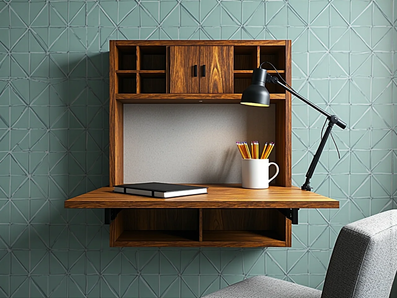 Funkcjonalna przestrzeń do pracy na małym metrażu z jasnymi meblami.