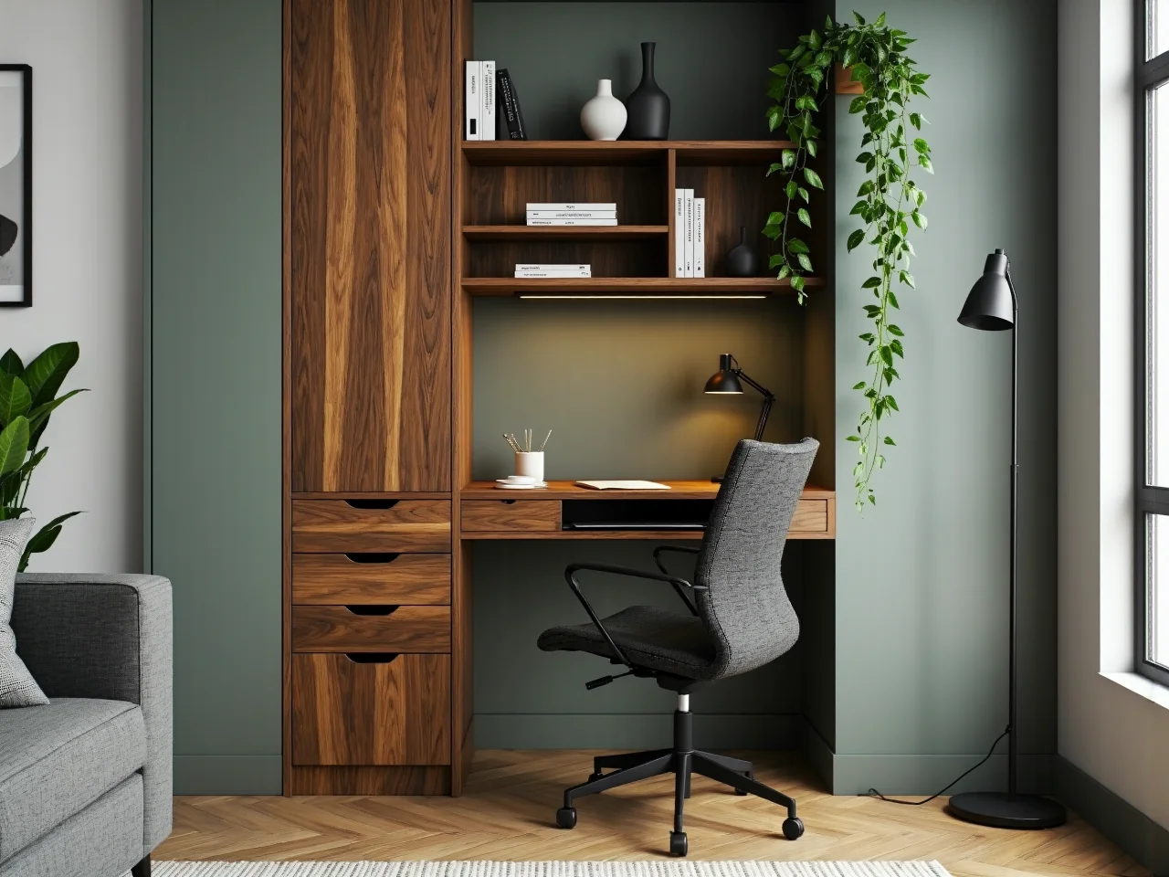 Optycznie powiększające przestrzeń jasne modułowe meble z miejscem do pracy.