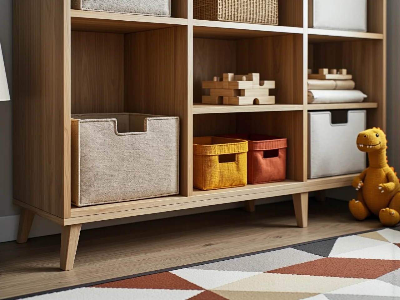 Drewniany regał na zabawki z kolorowymi pojemnikami do segregacji.