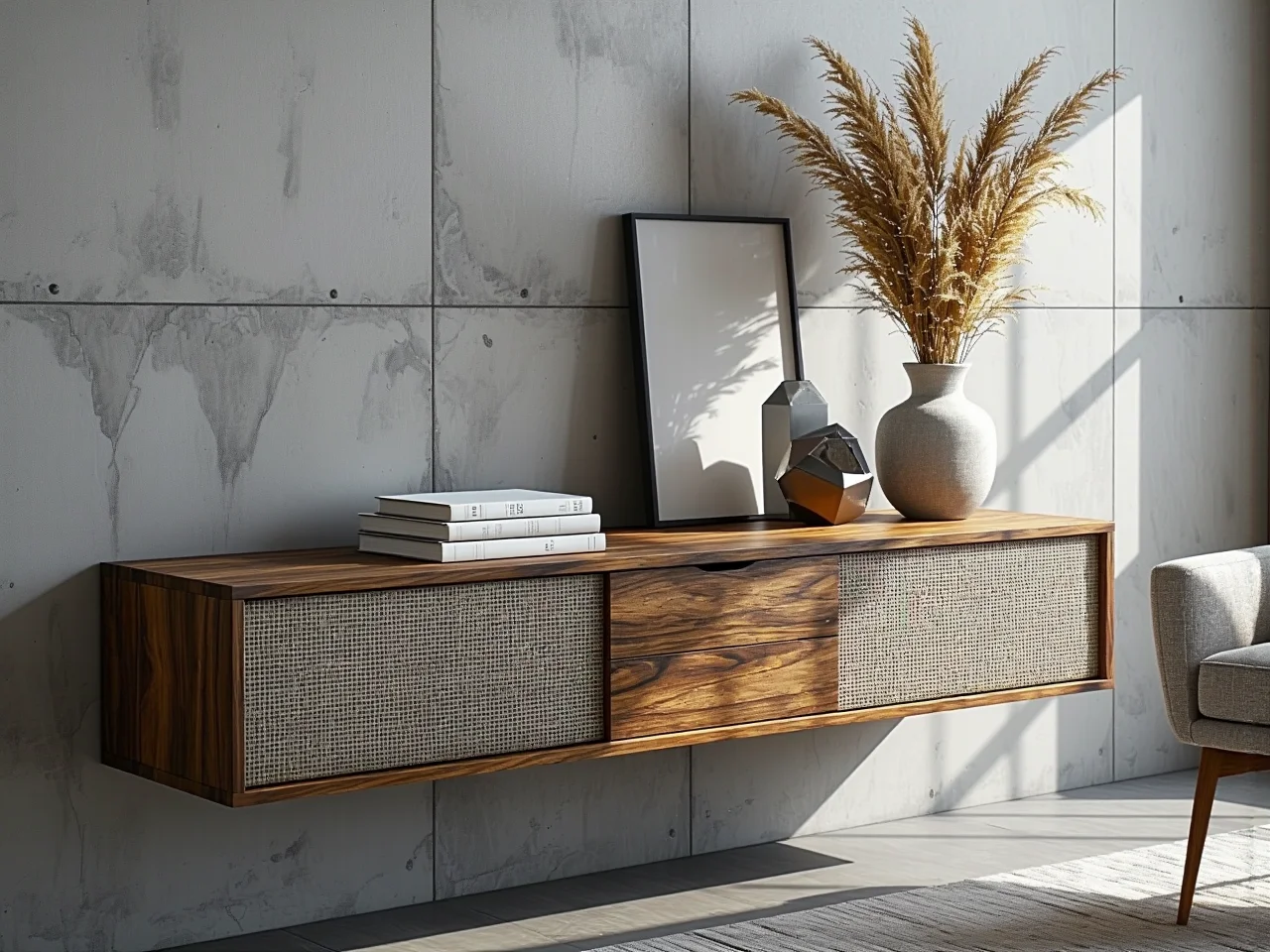 Funkcjonalny stolik kawowy w nowoczesnym salonie, łączący drewno i metal.