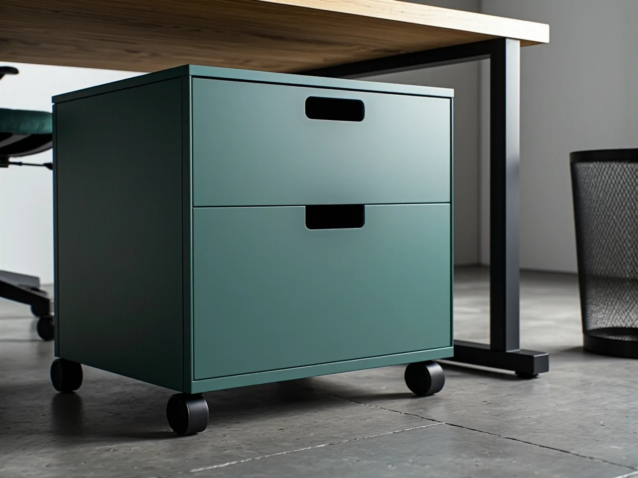 Drewniane biurko i zielone dodatki pobudzające kreatywność w biurze