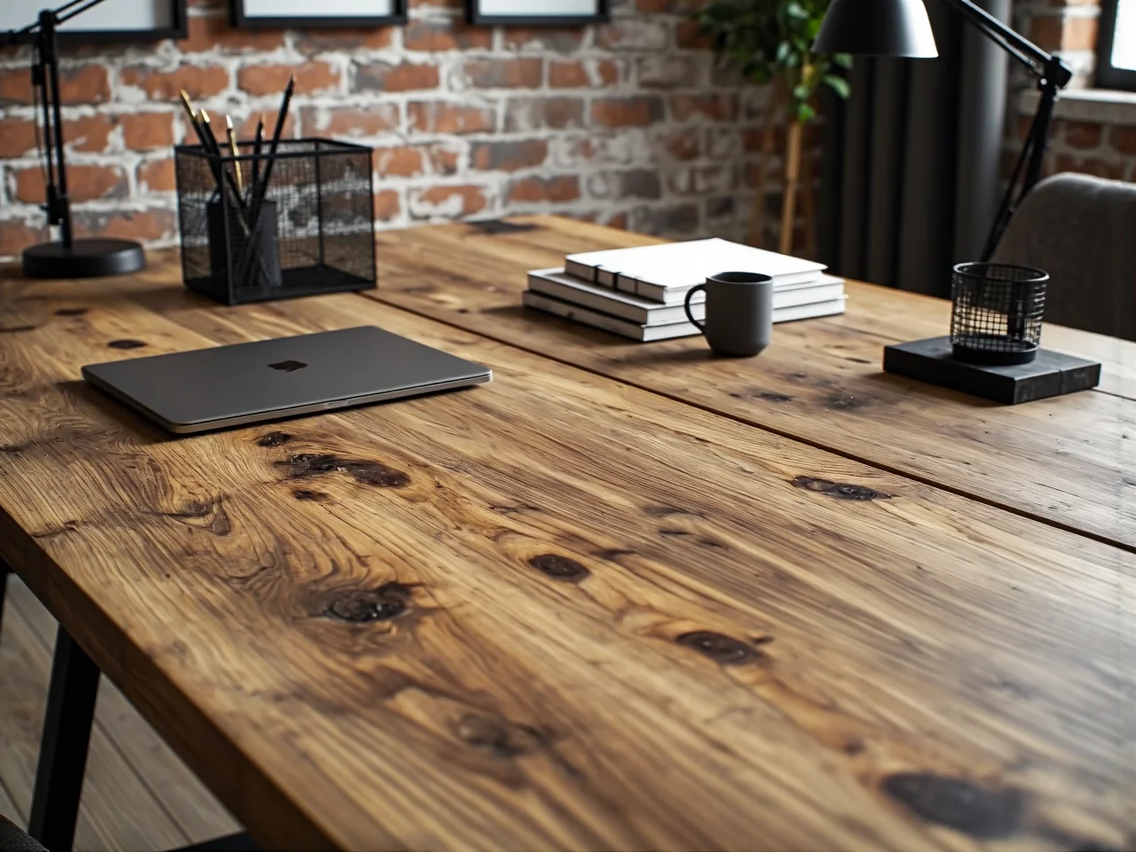 Industrialne oświetlenie i ceglana ściana w domowym biurze typu loft.