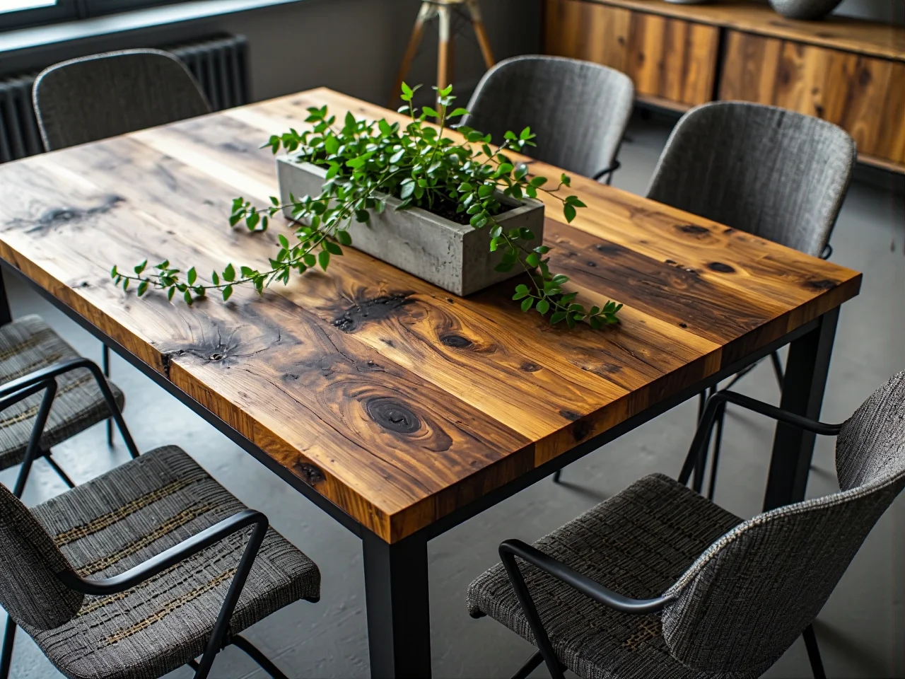 Industrialny stół z blatem z litego drewna na czarnych, metalowych nogach w nowoczesnej jadalni.