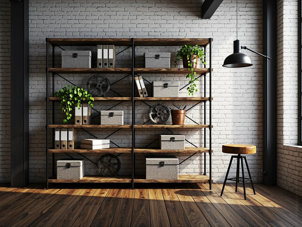 Inspirująca przestrzeń do pracy w stylu industrialnym z roślinami.