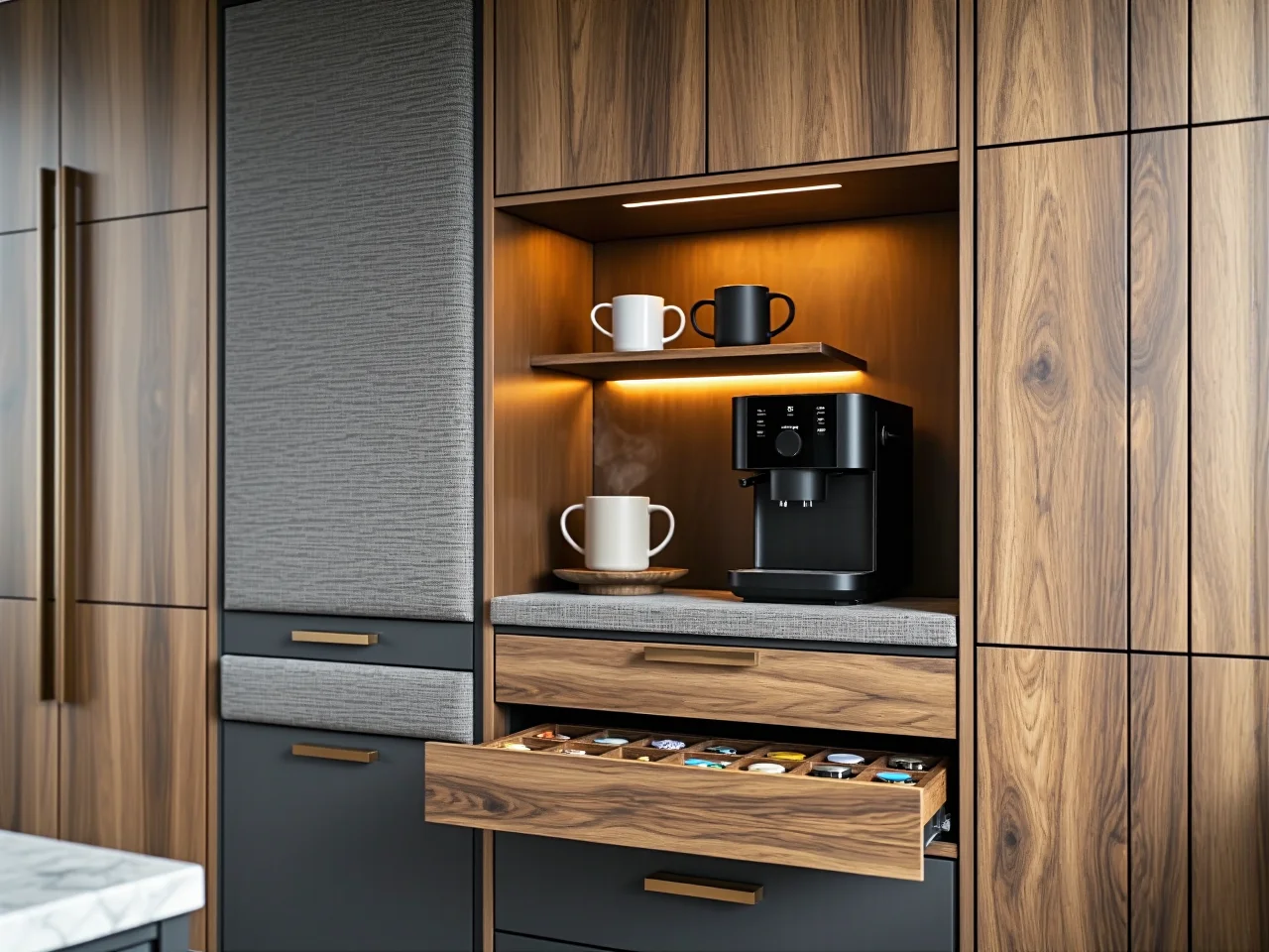 Kuchnia z inteligentnymi rozwiązaniami, takimi jak oświetlenie LED i ukryte gniazdka - trend 2025.