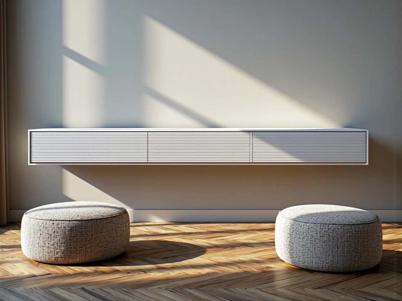 Funkcjonalna jasna sofa z pojemnikiem w nowoczesnym małym mieszkaniu.