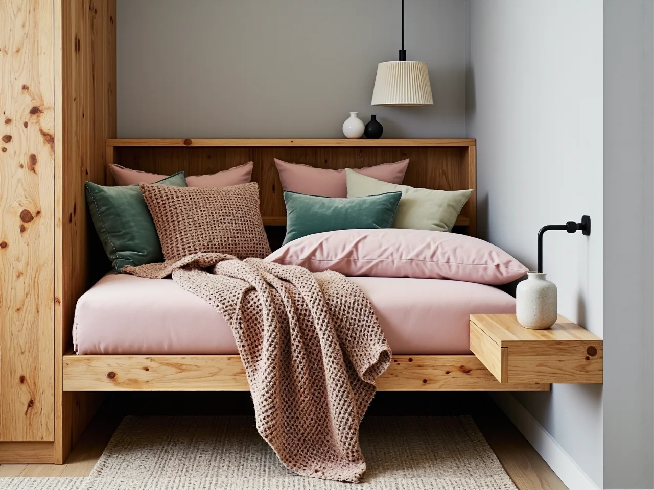 Jasne kolory ścian w małym pokoju dla dziecka. Pastelowe barwy optycznie powiększają niewielką przestrzeń.