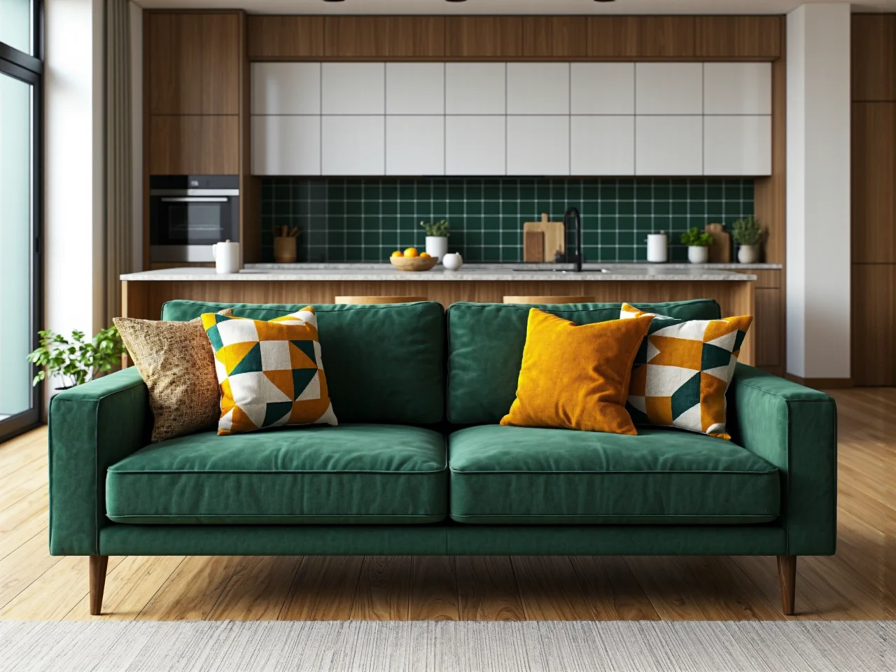 Jasny salon połączony z modną kuchnią, zachowujący spójny styl wnętrza.