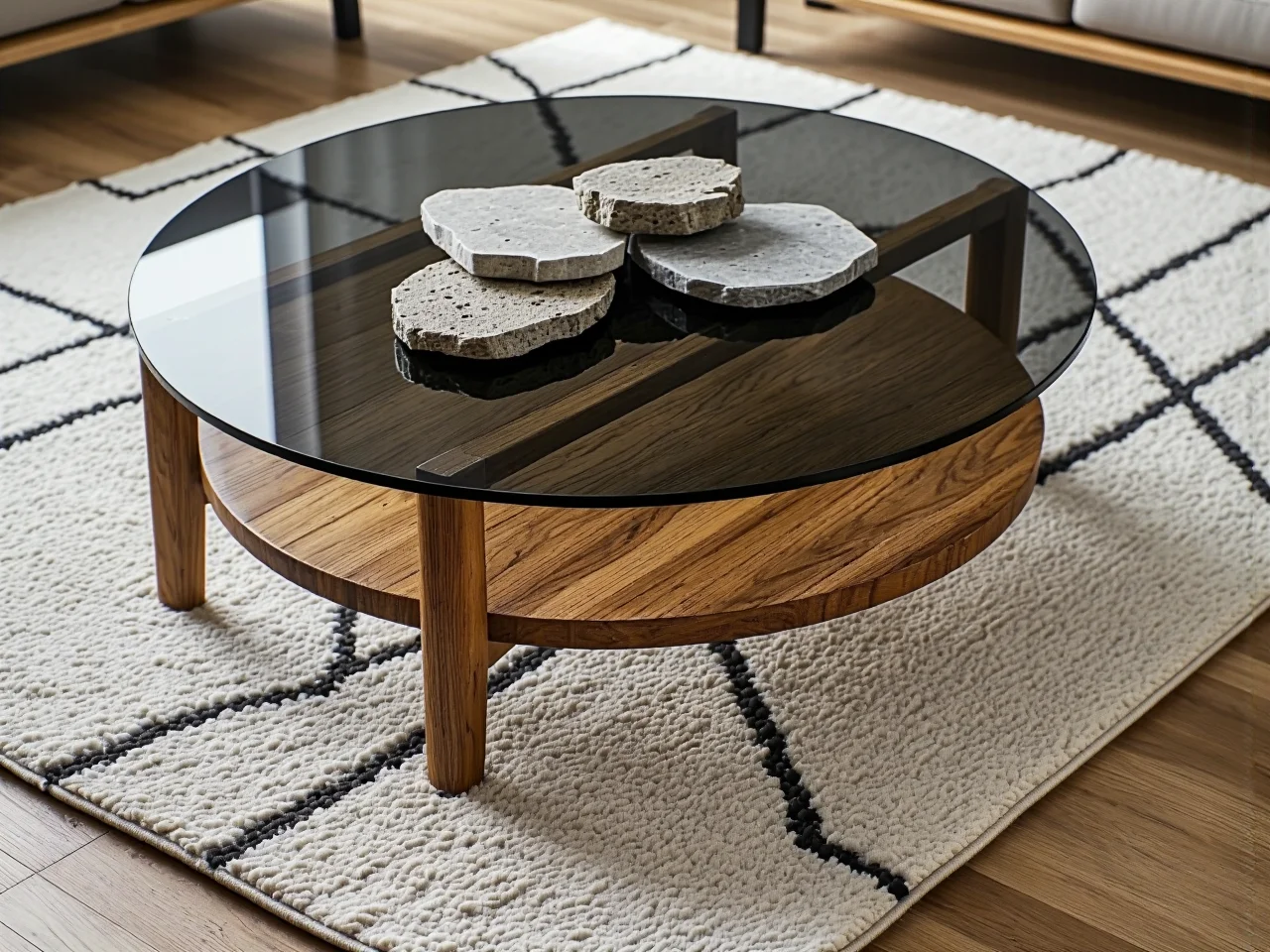 Jasny salon w stylu nowoczesnym z dużymi oknami i stylowymi dodatkami dekoracyjnymi.