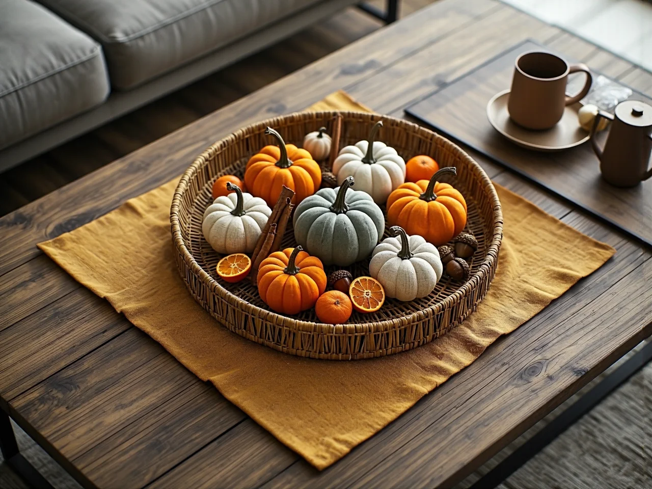 Jesienne dary natury jako naturalne dekoracje w przytulnym salonie