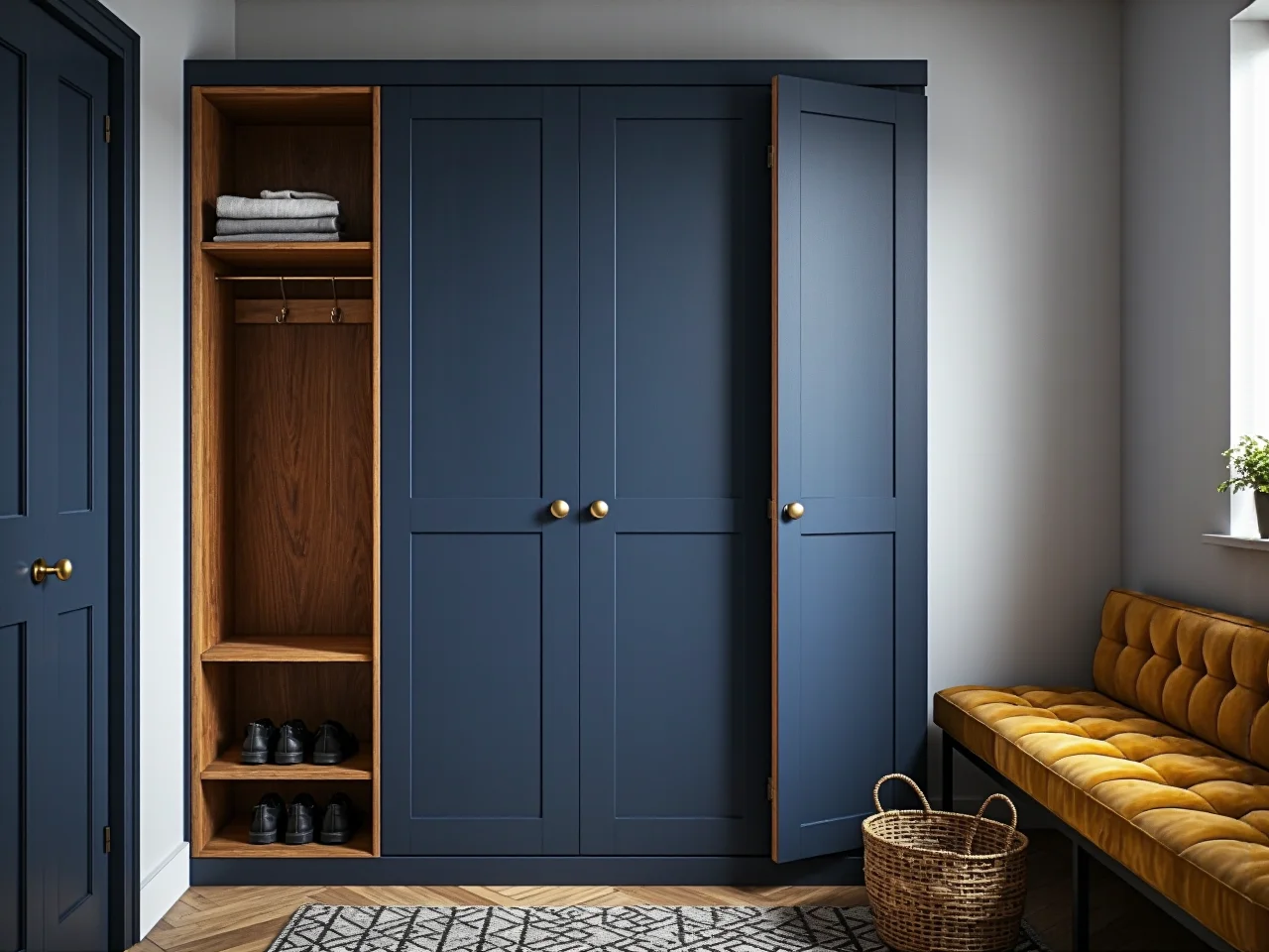 Klasyczna szafa z otwieranymi drzwiami w przestronnej sypialni.