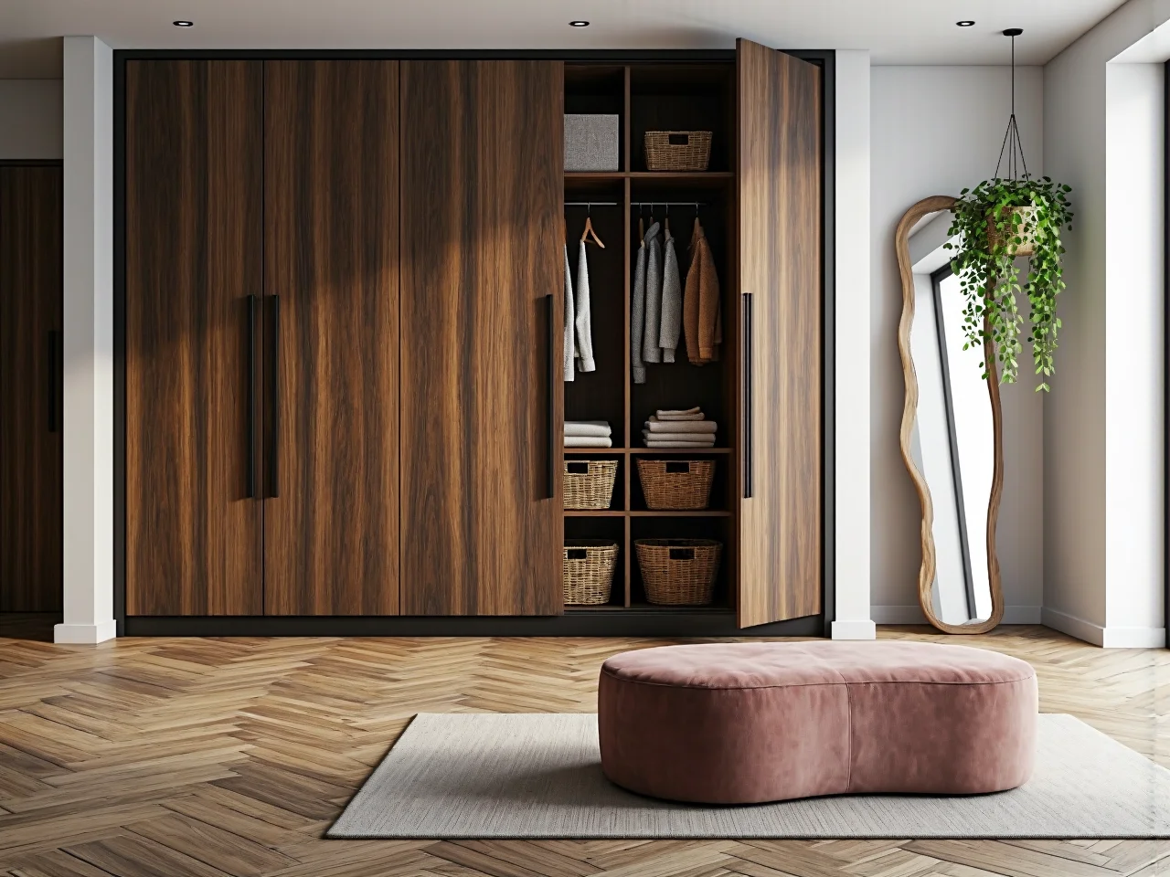 Meble do sypialni w kojących kolorach ziemi, tworzące relaksującą atmosferę.