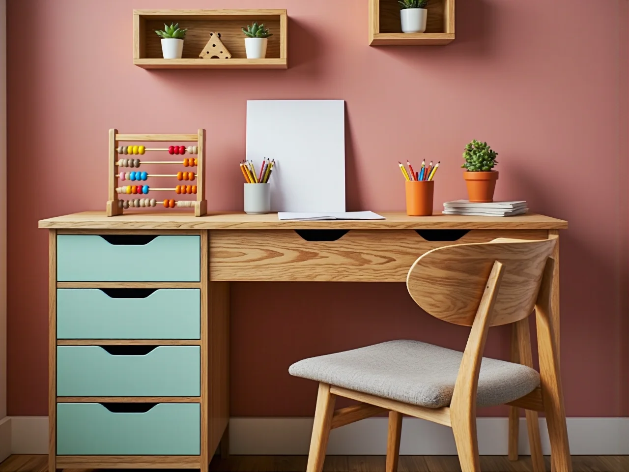 Niebieskie i zielone meble dziecięce ułatwiające koncentrację i wyciszenie.